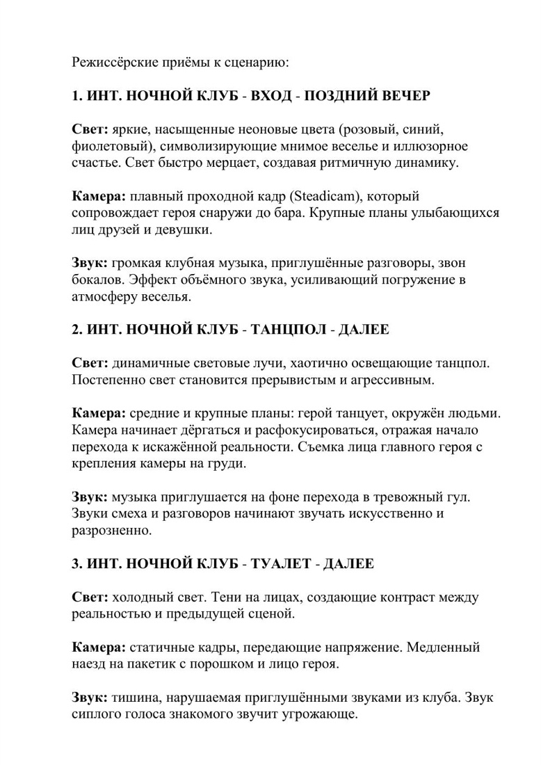 Фрагмент режиссерского решения по свету, камере и звуку